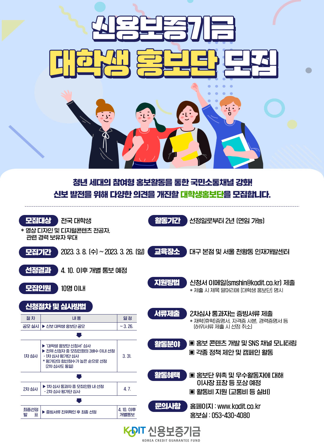 신용보증기금 대학생 홍보단 모집 모집대상: 전국 대학생 *영상 디자인 및 디지털컨텐츠 전공자, 관련 경력 보유자 우대 모집기간: 2023. 3. 8. (수) ~ 2023. 3. 26. (일) 선정결과: 4. 10. 이후 개별 통보 예정 모집인원: 10명 이내 신청절차 및 심사방법: 공모 실시 ~ 3. 26. 1차 심사 3. 31. 2차 심사 4.7. 최종설정 발표 4. 10. 이후 개별통보 활동기간: 선정일로부터 2년 (연임 가능) 교육장소: 대구 본점 및 서울 천왕동 인재개발센터 지원방법: 신청서 이메일(smshin@kodit.co.kr) 제출 *제출 시 제목 말머리에 (대학생 홍보단) 명시 서류제출: 2차심사 통과자는 증빙서류 제출 *재학(휴학)증명서, 자격증 사본, 경력증명서 등 (허위서류 제출 시 선정 취소) 활동분야: 홍보 컨텐츠 개발 및 SNS 채널 모니터링, 각종 정책 제안 및 캠페인 활동 활동혜택: 홍보단 위촉 및 우수활동자에 대해 이사장 표창 및 포상 예정, 활동비 지원 (교통비 등 실비) 문의사항: 홈페이지 www.kodit.co.kr 홍보실 053-430-4080