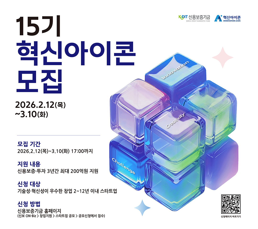 혁신아이콘 / 신용보증기금. 14기 혁신아이콘 모집. 글로벌 혁신기업 스케일업 프로그램. 2025년8월11일 월요일부터 9월2일 17시까지.신청대상:기술성 혁신성이 우수한 창업 2년에서 12년이내 스타트업. 지원내용:신용보증 투자 3년간 최대 200억원 지원. 신청방법:신용보증기금 홈페이에서 접수 (신보 ON-Biz > 창업지원 > 스타트업공모 > 공모신청). 상세내용은 신보 ON-Biz의 혁신아이콘 모집 공고문을 참고하시기 바랍니다.
