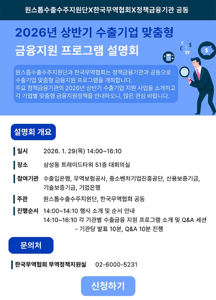 원스톱수출수주지원, 한국무역협회, 정책금융기관 공동. 2026년 상반기 수출기업 맞춤형 금융지원 프로그램 설명회. 원스톱수출수주지원단과 한국무역협회는 정책금융기관과 공동으로 수출기업 맞춤형 금융지원 프로그램을 개최합니다. 주요 정책금융기관의 2026년 상반기 수출기업 지원 사업을 소개하고, 각 기업별 맞춤형 금융지원정책을 안내하오니, 많은 관심 바랍니다. 1.설명회 개요. 일시:2026년 1월 29일 목요일 14시 부터 16시 까지. 장소 : 삼성동 트레이드타워 51층 대회의실. 참여기관 : 수출입은행, 무역보험공사, 중소벤처기업진흥공단, 신용보증기금, 기술보증기금, 기업은행. 주관 : 원스톱수출지원단, 한국무역협회 공동. 진행순서 : 14시 부터 14시10분까지 행사 소개 및 순서 안내. 14시 10분 부터 16시 10분 까지 각 기관별 수출금융 지원 프로그램 소개 및 Q&A 세션 - 기관당 발표 10분, Q&A 10분 진행. 2.문의처. 한국무역협회 무역정책지원실 02-6000-5231. 신청하기